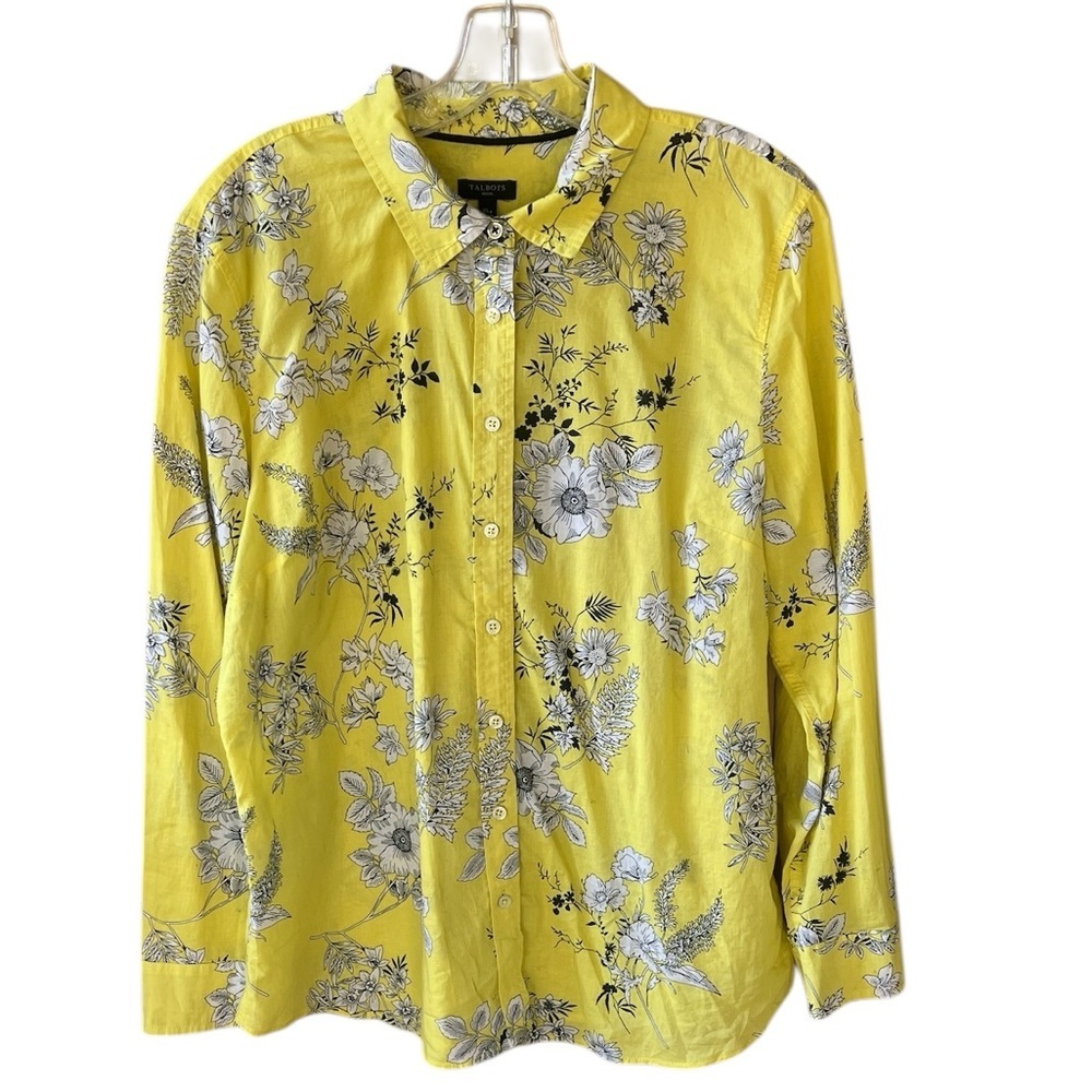 Talbots XL Petite 100% Cotton Yellow Floral Long Sleeve Button Down Shirt